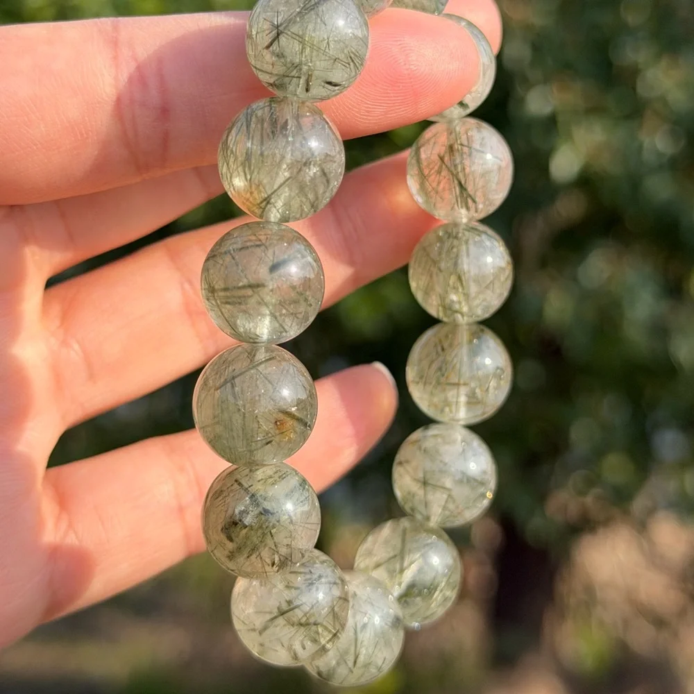 14mm stretchable high‎ quality translucent green rutilated quartz bracelet 1153